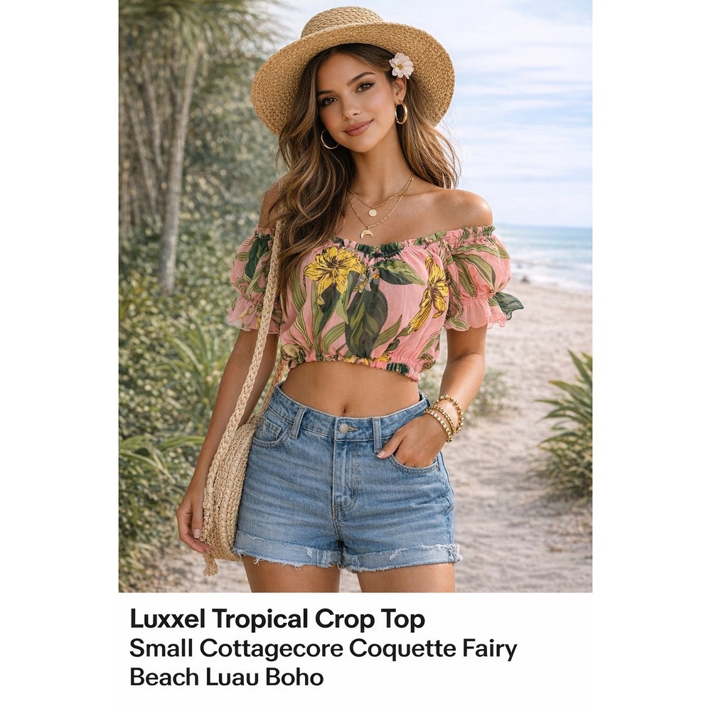 Luxxel NWT Tropical Crop Top Small Cottagecore Coquette Fairy Beach‎ Luau Boho
